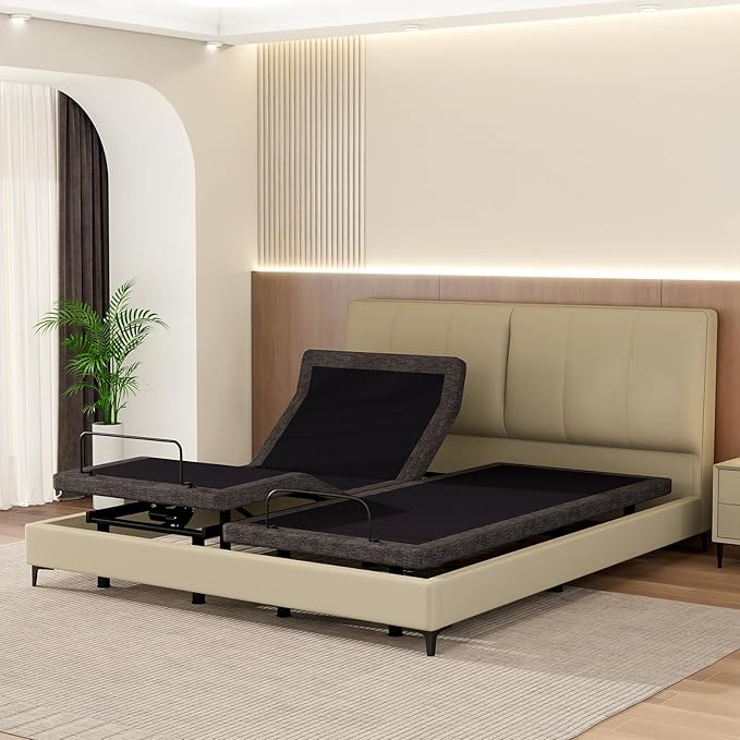 MUUEGM Adjustable Bed Base Frame, Ergonomic Electric Bed Bases with Wireless Remote Control and Head-Pillow-tilt, USB A&C, Massage, Zero Gravity, Anti-Snore, Split King
