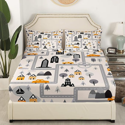 City Road Fitted Sheet Full 2 Pcs,Cartoon House Trees Mountain Soft Microfiber Sheets Breathable Bedding(No Top Sheet),Boys Girly Grey City Construction Bedsheet with Deep Pocket