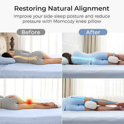 Momcozy Knee Pillow for Side Sleepers with Cooling Cover, Soft Memory Foam Spine Alignment Pregnancy Leg Pillow for Hips, Back, Sciatica Pain, Fixed Strap for Moving, Wider Contact Even Pressure, Blue