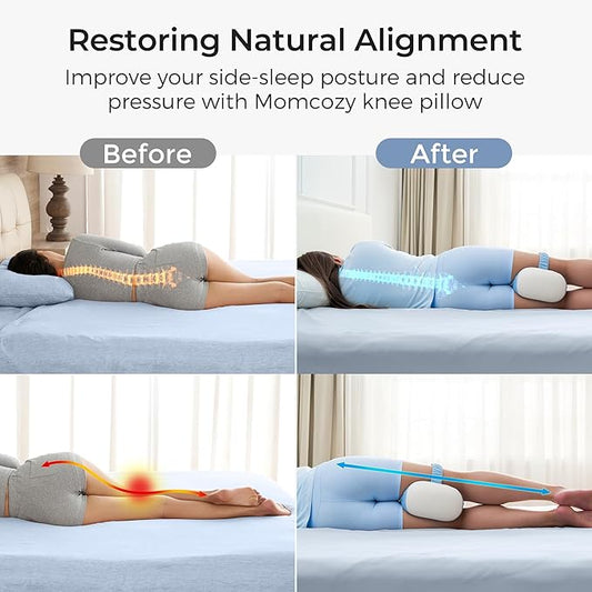 Momcozy Knee Pillow for Side Sleepers with Cooling Cover, Soft Memory Foam Spine Alignment Pregnancy Leg Pillow for Hips, Back, Sciatica Pain, Fixed Strap for Moving, Wider Contact Even Pressure, Blue