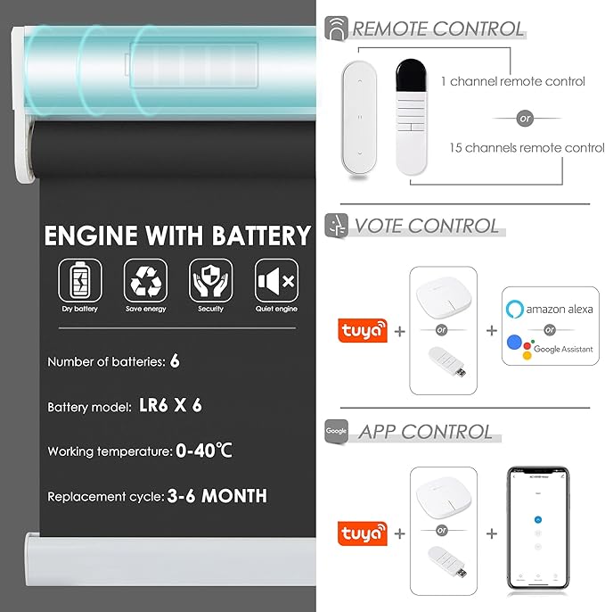 Allesin Motorized Roller Shade Compatible with Alexa for Window, 80% Blackout Smart Shades Cordless with Remote Control, Electric Automated Blinds for Window, Customized Size, Dry Battery(Black)