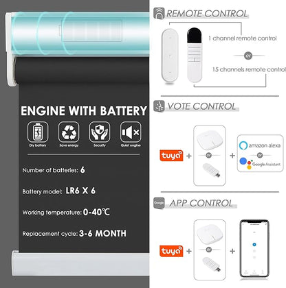 Allesin Motorized Roller Shade Compatible with Alexa for Window, 80% Blackout Smart Shades Cordless with Remote Control, Electric Automated Blinds for Window, Customized Size, Dry Battery(Black)
