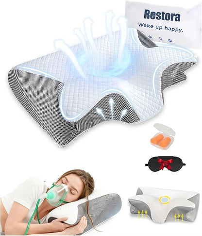 Official Pillow for Sleep Apnea, 15° Neck Elevation Design Odorless Orthopedic Cervical Neck Traction Pillows, Memory Foam Contour Pillow Snoring, Sleep Apnea Pillows for Sleeping, Hollow Design(Grey)