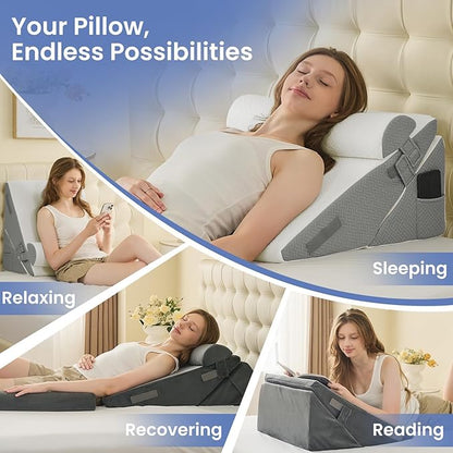 Sasttie Wedge Pillow for After Surgery, Adjustable Bed Wedge Pillow Headboard for Acid Reflux, Sleeping, Neck & Back Support, with Removable Cover, Beige