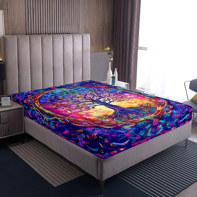 Tree of Life Kids Twin Size Fitted Sheet,Aesthetic Stained Glass Leaves Boys Girls Bed Sheets,Nature Plant Abstract Room Decor,Colorful Bedding Set,1 Pillowcase(No Flat)