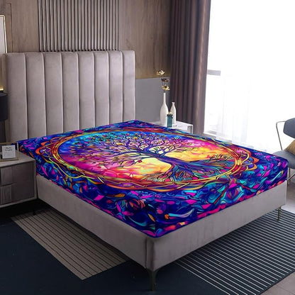Tree of Life Kids Twin Size Fitted Sheet,Aesthetic Stained Glass Leaves Boys Girls Bed Sheets,Nature Plant Abstract Room Decor,Colorful Bedding Set,1 Pillowcase(No Flat)