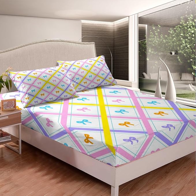 Cartoon Bowknot Bedding Set Twin Size Pink Purple Yellow Lines Striped Plaids Patchwork Bed Set for Teens Kids Sheet Kawaii Princess Bow-tie Bed Cover(1 Fitted Sheet+1 Pillow Case)