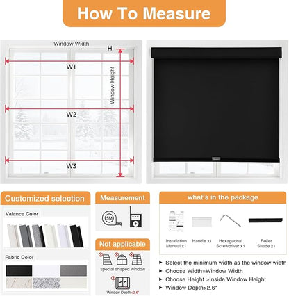 AOSKY No Drill Cordless Blackout Roller Shades with Valance,Customize Blinds for Indoor Windows,Room Darkening Window Shades Pull Down with Free-Stop Spring System, UV Protection for Home Black