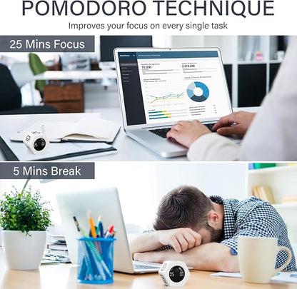 Rotating Pomodoro Timer 5, 25, 10 30,60 Mins Preset Stopwatch, Desk Flip ProductivityTimer, ADHD Tool Hexagon, Vibration/Mute/Alarm, for Work, Study, Back to School, Kitchen, White