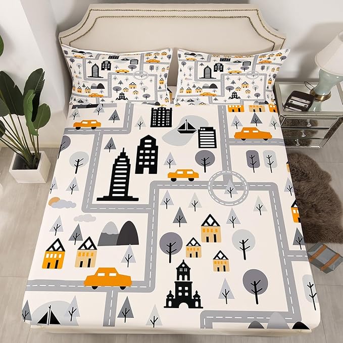 City Road Fitted Sheet Queen 2 Pcs,Cartoon House Trees Mountain Soft Microfiber Sheets Breathable Bedding(No Top Sheet),Boys Girly Grey City Construction Bedsheet with Deep Pocket