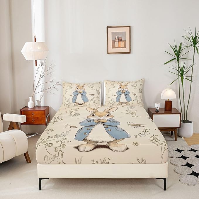 Happy Easter Bed Sheet Twin Size Cartoon Cute Rabbit Bird Bedding Set Spring Plants Farmhouse Fitted Sheet Kids Boys Girls Room Decor Beige Soft Sheets with 1 Pillowcase,No Top Flat
