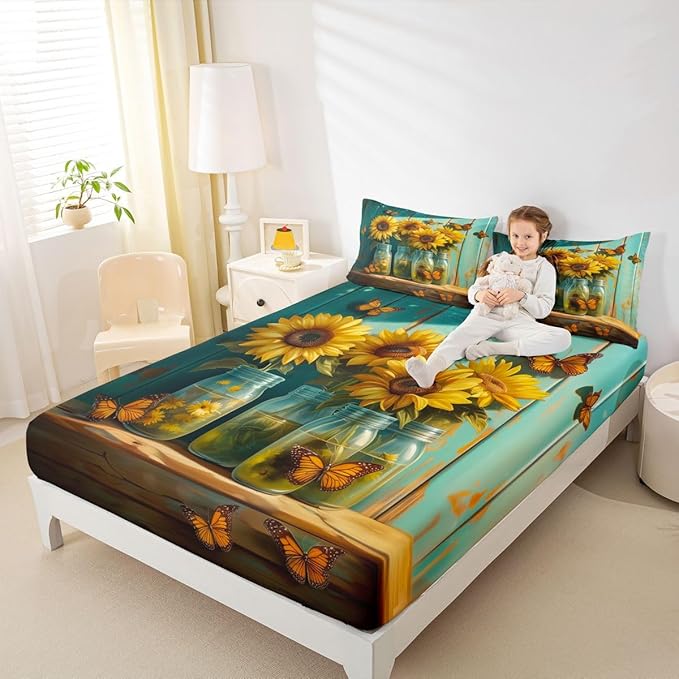 Sunflower Kids Twin Size Fitted Sheet,Flower Farmhouse Floral Boys Girls Bed Sheets,Rustic Butterfly Wooden Room Decor,Yellow Green Bedding Set,1 Pillowcase(No Flat)