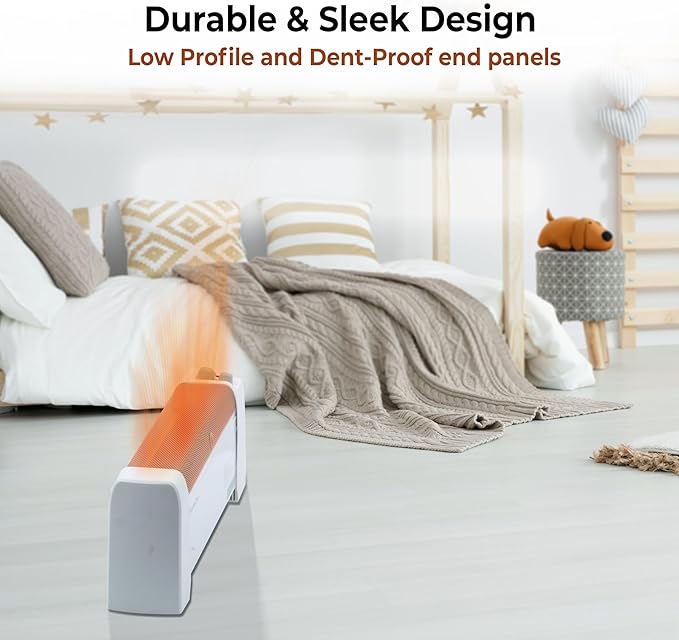 Comfort Zone 1500W Convection Baseboard Heater with Built-In Thermostat, Overheat & Tip-Over Protection, Dent-Proof Ends, Plug-In Portable, Ideal for Home, Bedroom & Office, White
