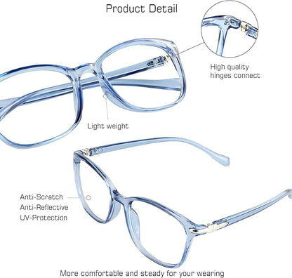 VisionGlobal Blue Light Blocking Glasses for Women/Men, Anti Eyestrain, Computer Reading, TV Glasses, Stylish Square Frame, Anti Glare(Clear Blue,No Magnification)