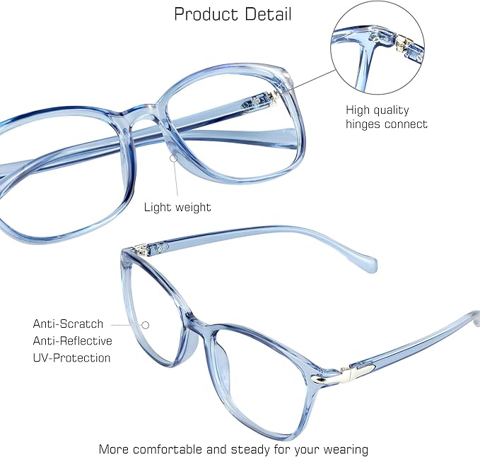 VisionGlobal Blue Light Blocking Glasses for Women/Men, Anti Eyestrain, Computer Reading, TV Glasses, Stylish Square Frame, Anti Glare(Clear Blue,+4.50 Magnification)