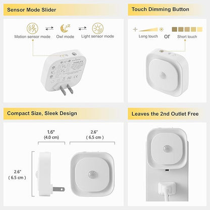 2 Pack Plug in Night Light with Motion Sensor & Dusk to Dawn Sensor, 3 Sensor Modes, Blue Night Lights Plug into Wall, Dimmable Nightlight for Bathroom, Bedroom, Indoor