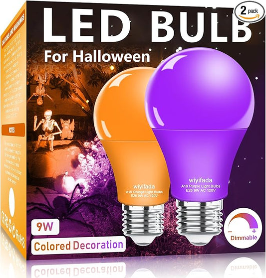 2 Pack A19 LED Orange Purple Light Bulbs,120V E26 Halloween Light Bulb LED Lights 9W Replace to 100W, Dimmable Colored Light Bulbs for Porch