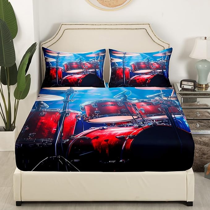 Manfei Red Drum Kit Kids Sheet Set Queen Size, Rock Music Theme Bed Sheet Set 4pcs (Fitted Sheet, Flat Sheet, 2 Pillowcases), Musical Instrument Bedding Set for Boys Girls Teens Bedroom Decor