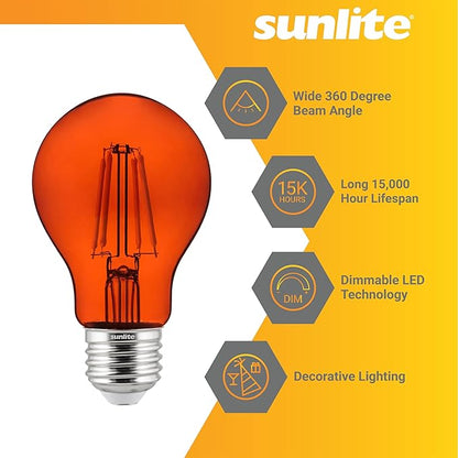 Sunlite 81085 LED Colored Filament A19 Light Bulb, 4.5 Watts, Medium E26 Base, 120 Volts, Transparent Orange, Dimmable, 320 Degree Beam Angle, UL Listed, 2 Count