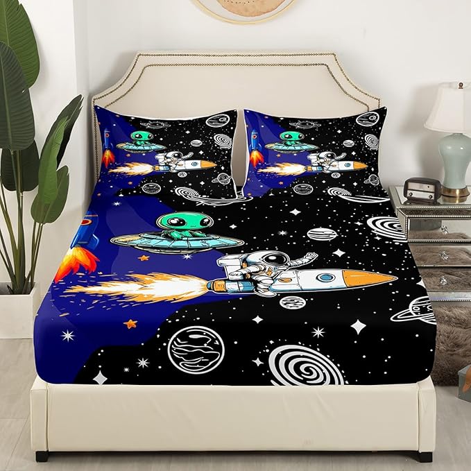 Galaxy Astronaut Fitted Sheet Queen Size Cartoon Alien Spaceship Rocket Outer Space Bedding Sheet Set,Starry Universe Nebula Planets Glitter Bed Cover Bedding 3 Pcs(No Flat Sheet)