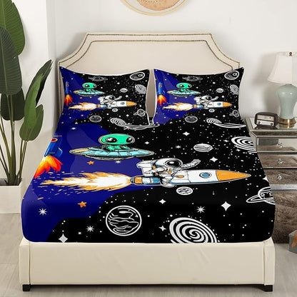 Galaxy Astronaut Fitted Sheet Queen Size Cartoon Alien Spaceship Rocket Outer Space Bedding Sheet Set,Starry Universe Nebula Planets Glitter Bed Cover Bedding 3 Pcs(No Flat Sheet)