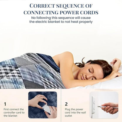 Thermee Micro Flannel Heated Blanket Queen Size, 10 Settings, Programmable, Luxuriously Soft, Rapid Heating, Warm - Ultramarine Plaid