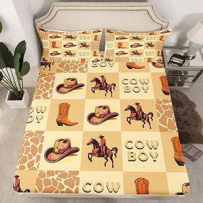 Cowboy Bed Cover(1 Fitted Sheet+1 Pillow Case),Retro Horse Riding Western Tribal Boots Hats Bedding Set for Room Decor,Rustic Cow Fur Brown Plaids Patchwork Bed Sheet Set,3Pcs Full Size
