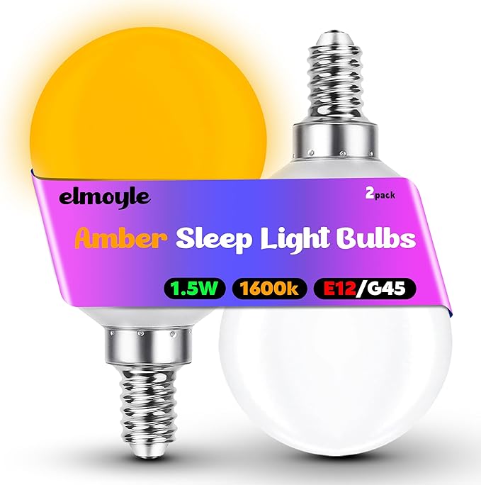 E12 Candelabra Base Amber Sleep Light Bulbs 1600k, 1.5w Amber Night Light 130lm, G45 Warm Light Bulb 15W Equivalent, E12 Low Brightness Light Bulb for Bedroom,Healthy Sleep,Nursery,Non-Dimmable, 2Pack