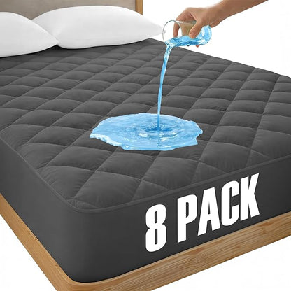 LUX Décor King Mattress Pad - 8 Pack - Quilted Elastic Fitted Mattress Cover Protector Upto 16 Inches Deep Pocket - Soft Breathable Noiseless Mattress Topper (Grey “78 X 80”)