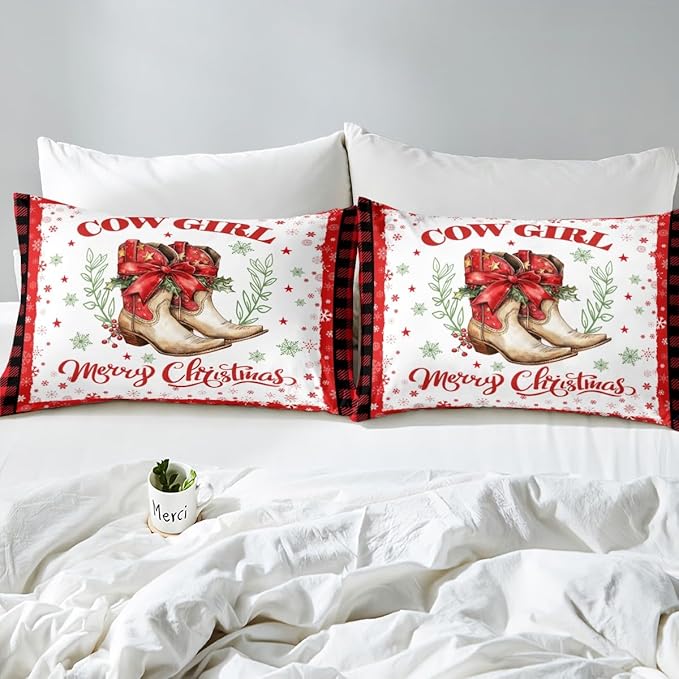 Christmas Cowgirl Bed Sheet Set Western Tribal Boots Red Bowknot Bow Sheet Sets Deep Pocket(No Flat Sheet),Xmas Snowflake Red Black Plaids Patchwork Mattress Cover,Twin with 1 Pillowcase