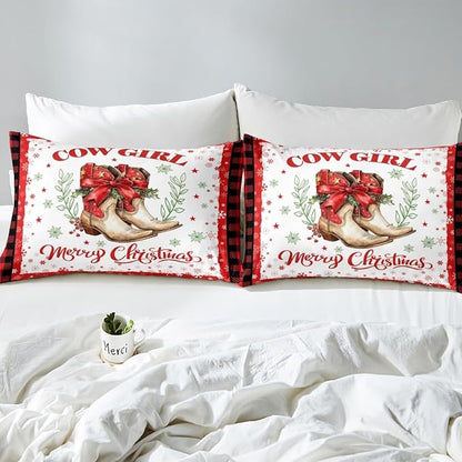 Christmas Cowgirl Fitted Sheet Set with 2 Pillowcase,Western Tribal Boots Red Bowknot Bow Microfiber Mattress Cover,Xmas Snowflake Red Black Plaids Patchwork Bed Cover Queen Size