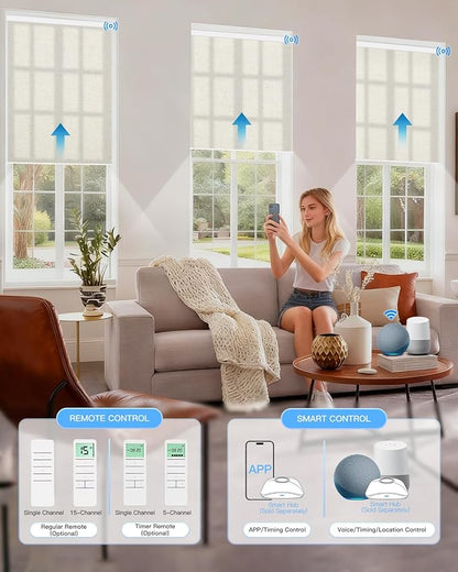 Motorized Light Filtering Roller Shades with Remote Control, Smart Blinds for Windows Compatible with Alexa Google via Hub, Rechargeable Electric Window Shade Customized Size(Texture Beige)