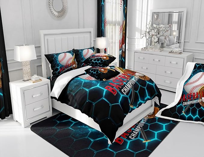 Manfei Baseball Sheet Set Queen Size, Sports Themed Bedding Set for Kids Boys Adults Room Decor, Blue Honeycomb Geometric Bed Sheet Set 4pcs with Deep Pocket Fitted Sheet + Flat Sheet + 2 Pillowcases