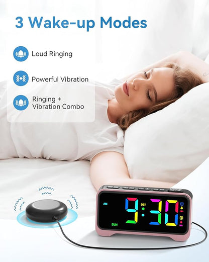 Loud Alarm Clock for Heavy Sleepers Adults, Bed Shaker Alarm Clock with 10-Color Modes/Night Light/USB Charger/7 Dimmer/Battery Backup, Vibrating Alarm Clocks for Hearing Impaired Deaf, Kids, Teens
