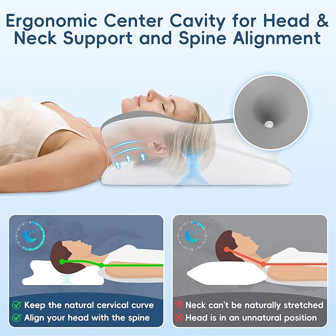 Cervical Pillow for Neck and Shoulder Support, Ergonomic Contour Pillow for Pain Relief, 2 Heights Cooling Memory Foam Orthopedic Pillow for Side Back Stomach Sleepers Grey White
