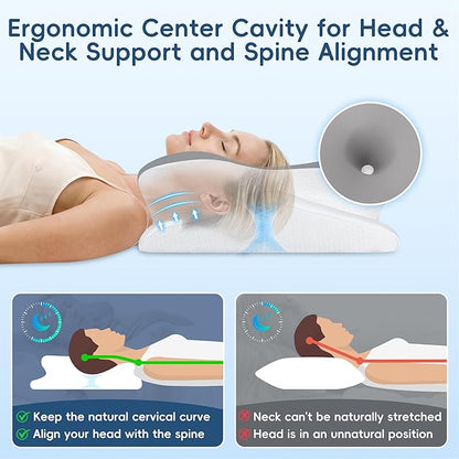 Cervical Pillow for Neck and Shoulder Support, Ergonomic Contour Pillow for Pain Relief, 2 Heights Cooling Memory Foam Orthopedic Pillow for Side Back Stomach Sleepers Grey White