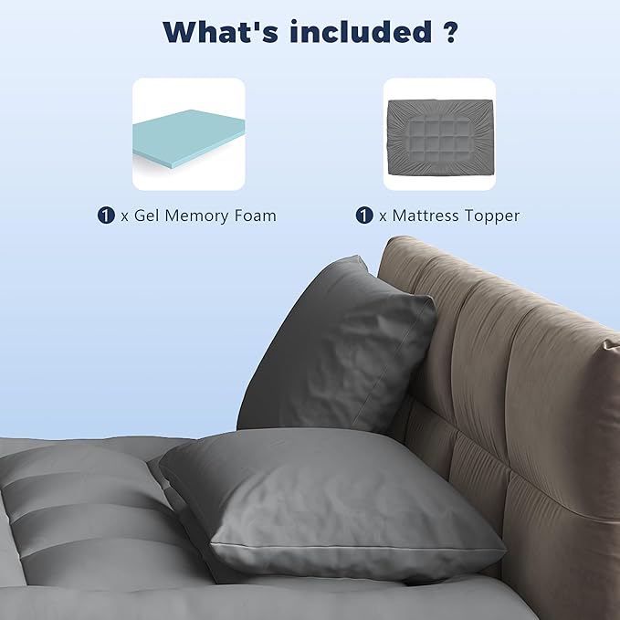 Queen Size 4 Inch Memory Foam Mattress Topper,Dual Layer Medium Support 2" Gel Memory Foam and 2" Mattress Pad for Back Pain Relief,Tencel Fabric,CertiPur-US Certified,Gray