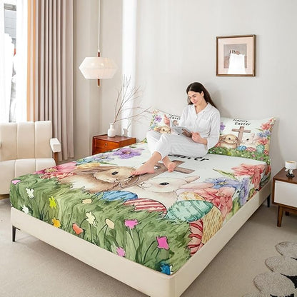 Happy Easter Bed Sheet Queen Size Easter Egg Kawaii Rabbit Bedding Set Spring Flower Farmhouse Fitted Sheet Kids Boys Girls Room Decor Green Colorful Soft Sheets with 2 Pillowcase,No Top Flat