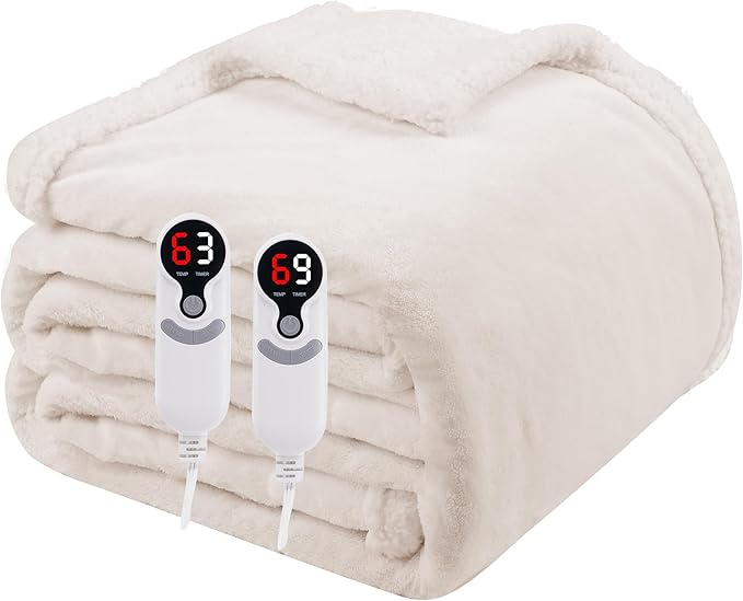 Electric Heated Blanket Queen Size 84"x90", Soft Flannel with Dual Controllers & Overheat Protection, 9 Adjustable Heat Settings & 10-Hour Auto-Off Timer, Fast Heating for Winter Comfort, White