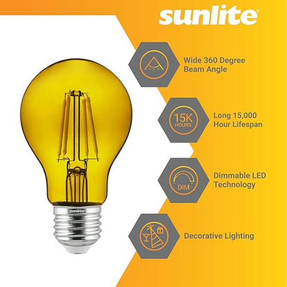 Sunlite 40942 LED Colored Filament A19 Light Bulb, 4.5 Watts, Medium E26 Base, 120 Volts, Transparent Yellow, Dimmable, 320 Degree Beam Angle, UL Listed, 6 Count