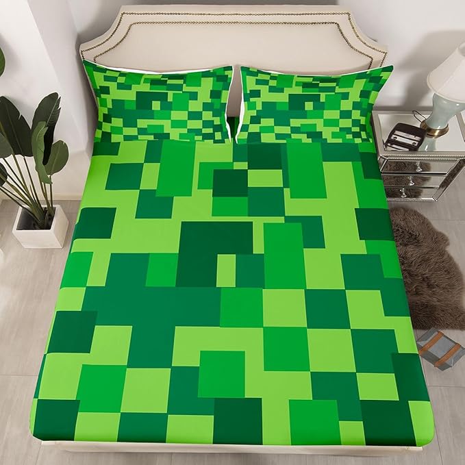Pixelated Blocks Kids Full Size Fitted Sheet,Patchwork Square Video Games Room Decor,Abstract Geometric Grid Boys Girls Bed Sheets,Green Bedding Set,2 Pillowcases(No Flat)