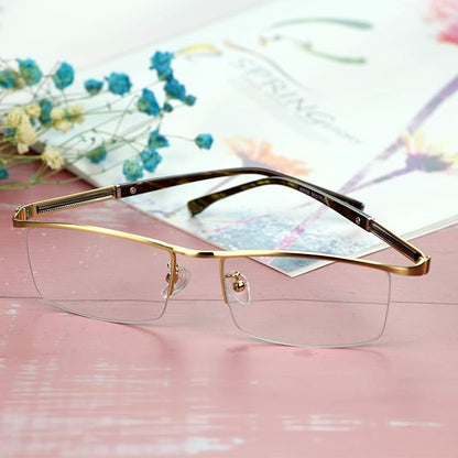 LifeArt Alloy Semi-Rimless Reading Glasses,Blue Light Blocking Glasses, Anti Eyestrain, Computer Gaming Glasses, TV Glasses for Men, Anti Glare (Golden, +3.00 Magnification)