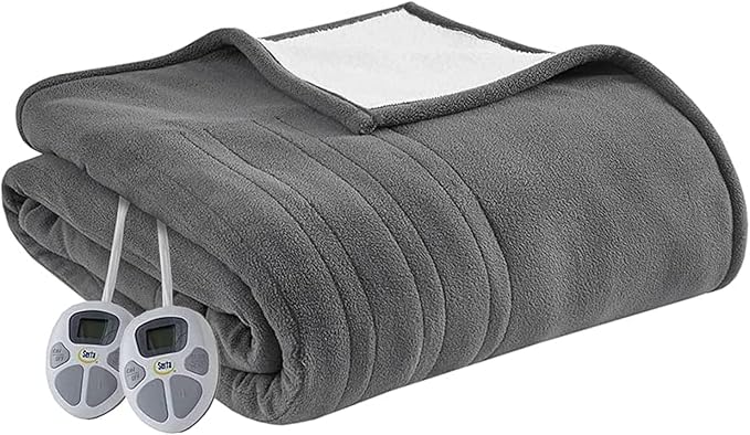 Serta Reversible Fleece to Sherpa Electric Blanket, Fast Heating, Auto Shut Off Timer, Multi Heat Setting, ETL Certified, Machine Washable, Grey Queen 90"x 84"