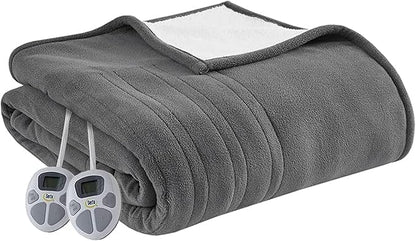 Serta Reversible Fleece to Sherpa Electric Blanket, Fast Heating, Auto Shut Off Timer, Multi Heat Setting, ETL Certified, Machine Washable, Grey Queen 90"x 84"