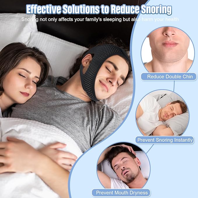Anti-Snoring Chin Strap for Sleeping (2Pcs), Breathable & Adjustable Snore Stopper, Comfortable Snoring Solution Effective Anti Snore Device for Men Women, Sleep Aid for Reduce Snoring, Black