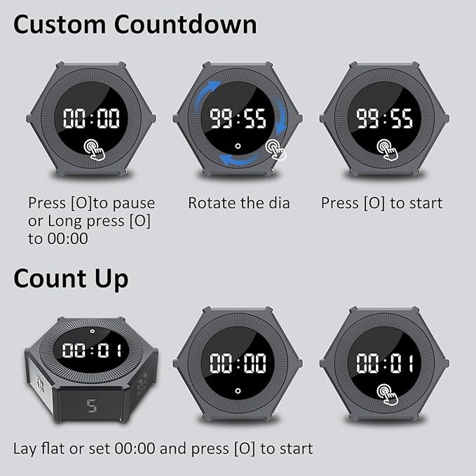 Pomodoro Timer with Gravity Rotation, 99 Minutes Desk Productivity Timer, Countdown & Countup Focus Time Management Tool for Kitchen, Work, Study, Adjustable Sound & Brightness, Magnetic Pad Back.