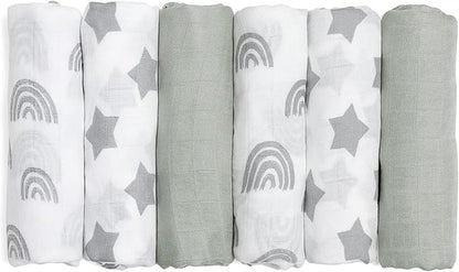 GLLQUEN BABY Receiving Blanket Boy Cotton Muslin Swaddle Blankets Girl Newborn Squares Breathable & Soft Thin Baby Blankets Cloths Double Absorbent Infant Swaddling Wrap - 6 Pack (Star)