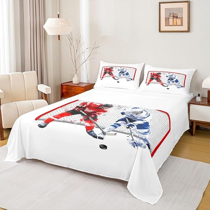 Ice Hockey Sports Bed Set - Twin Size, Red White Blue, Deep Pocket Fitted Sheet + Flat Sheet + 1 Pillowcase