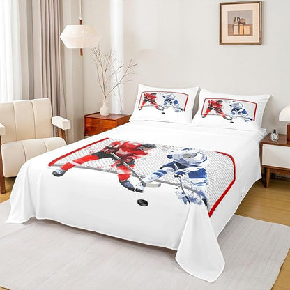 Ice Hockey Sports Bed Set - Twin Size, Red White Blue, Deep Pocket Fitted Sheet + Flat Sheet + 1 Pillowcase