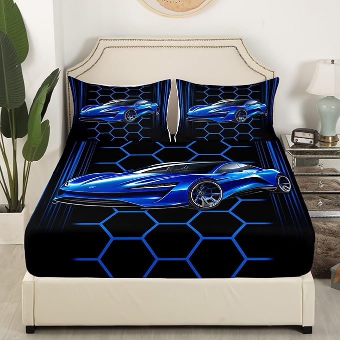 Blue Race Car Fitted Sheet,Honeycomb Geometric Soft Decorative Fabric Bedding Extreme Sports Theme Pocket Twin Size with 1 Pillowcase